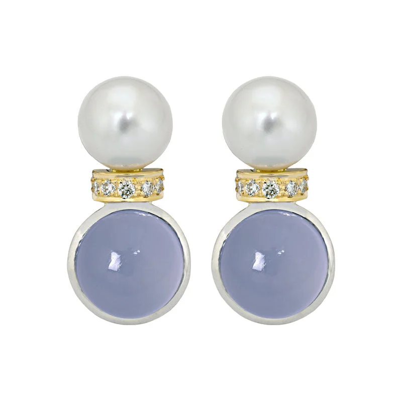 pearl stud earrings for casual wear -Earrings- Chalcedony, South Sea Pearl and Diamond