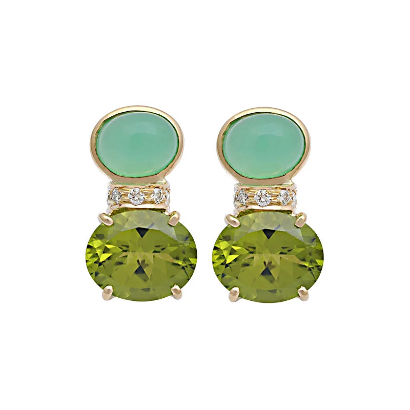 stud earrings with gemstones for women -Earrings-Chrysoprase, Peridot and Diamond