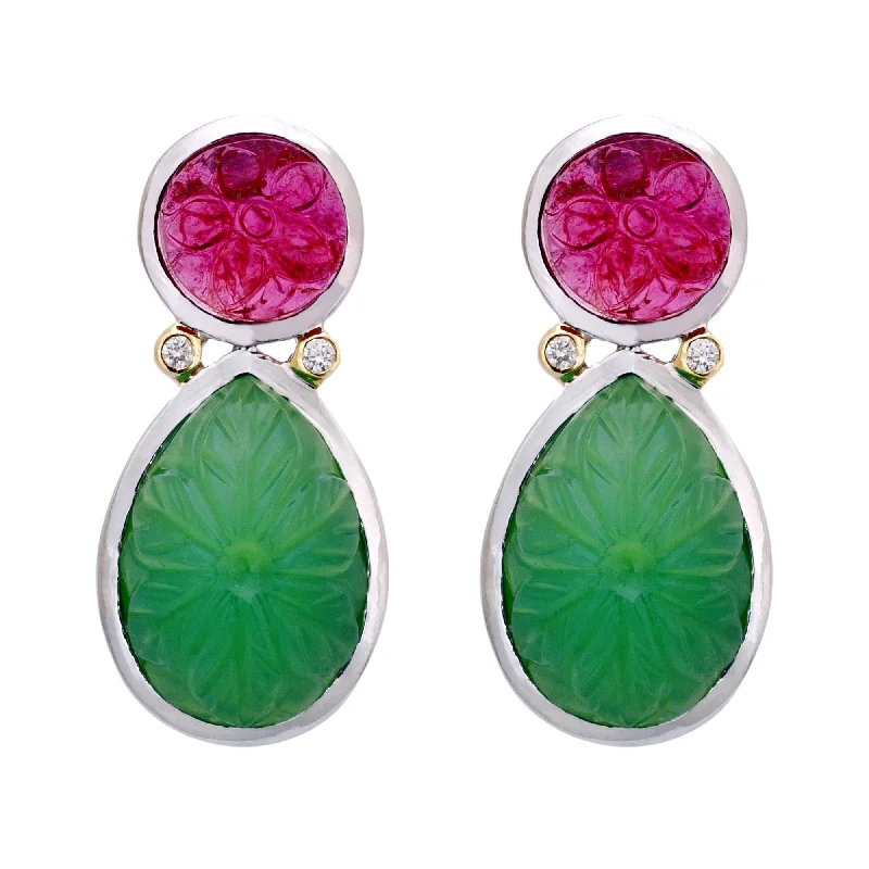 personalized gold earrings for women -Earrings- Chrysoprase, Rubellite and Diamond