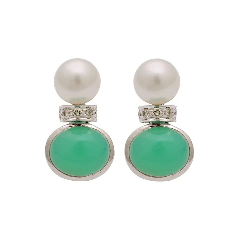 boho style earrings for women -Earrings-Chrysoprase, South Sea Pearl and Diamond  (179DS)