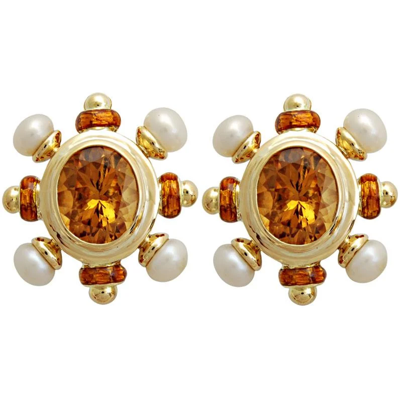 vintage style earrings for weddings -Earrings-Citrine and Pearl (Enamel)  (1666B)