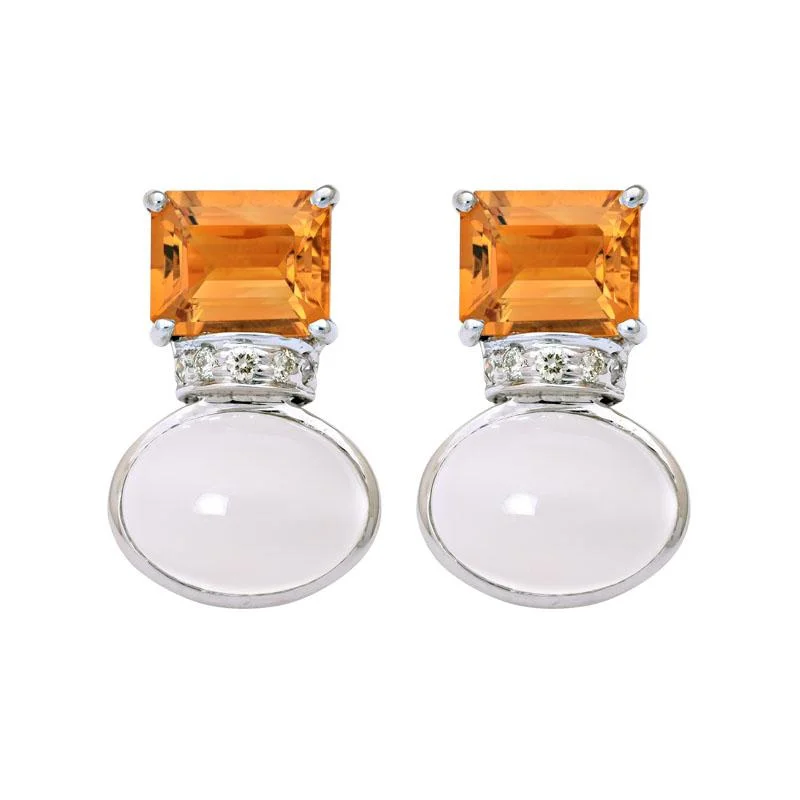 diamond hoop earrings for evening wear -Earrings-Citrine, Moonstone and Diamond  (223BS)