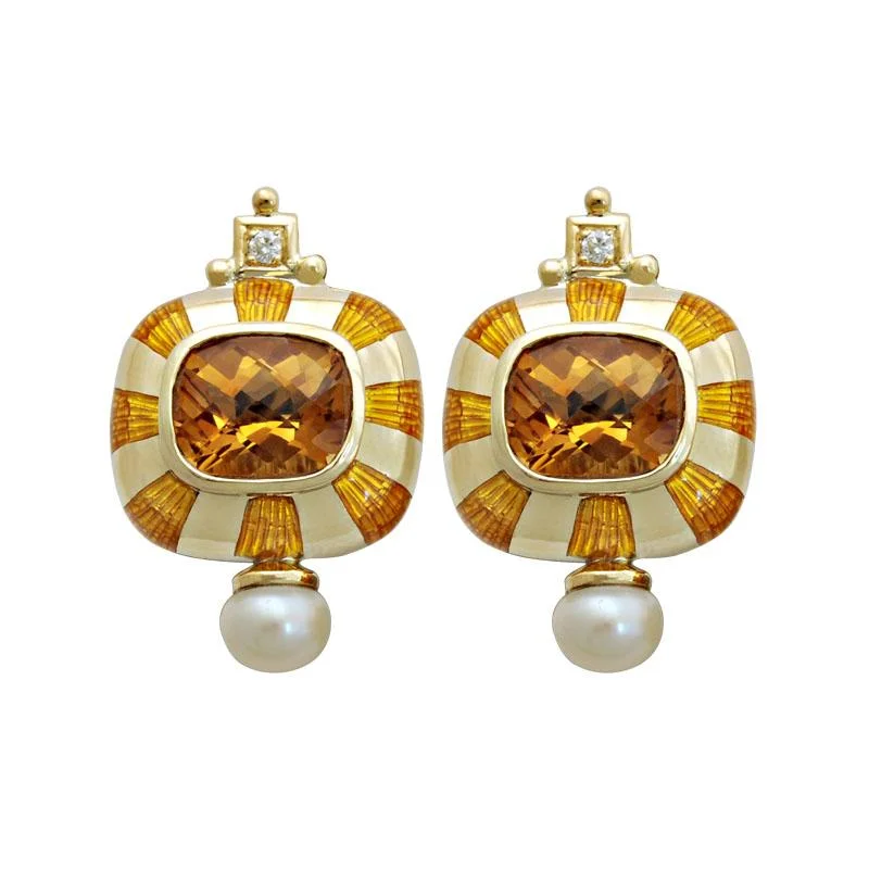 flower earrings for girls -Earrings-Citrine, Pearl and Diamond (Enamel)  (1714G)