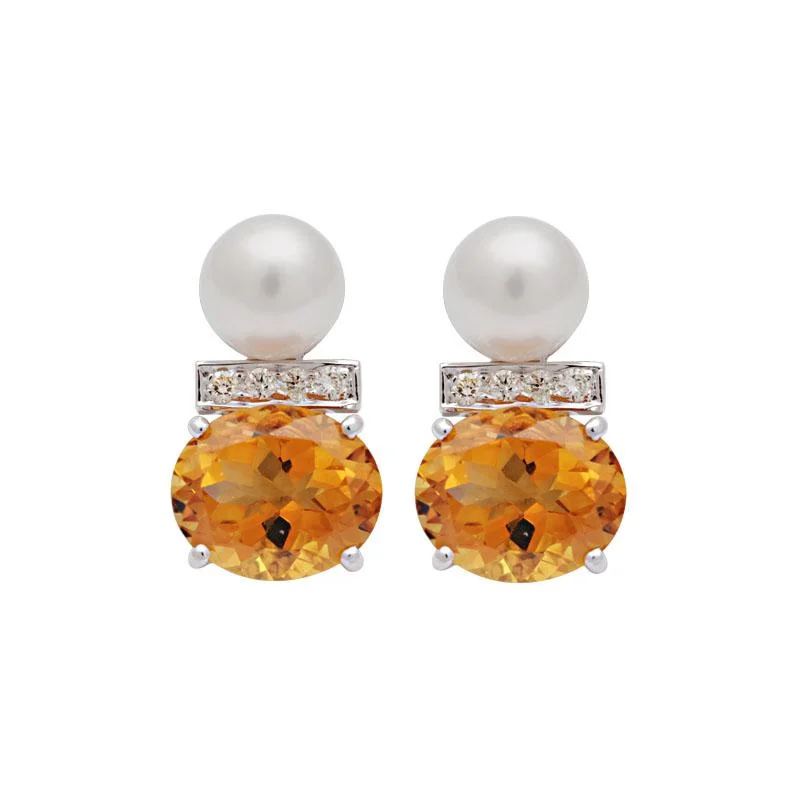 clip-on earrings for sensitive ears -Earrings-Citrine, South Sea Pearl and Diamond  (185DS)