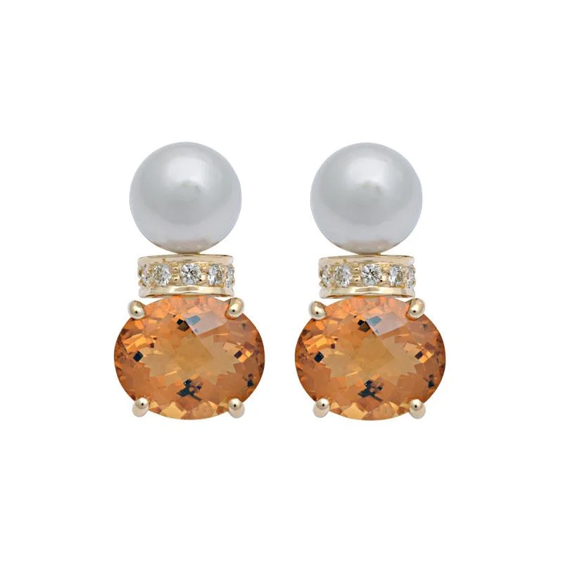 custom engraved earrings for gifts -Earrings-Citrine, South Sea Pearl and Diamond  (2125E)