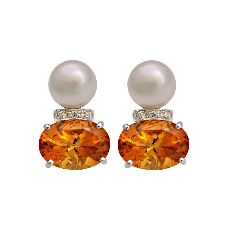 colorful earrings for women -Earrings-Citrine, South Sea Pearl and Diamond