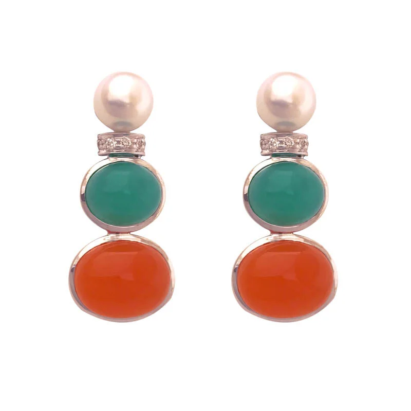 custom engraved earrings for gifts -EARRINGS- CORNELIAN, CHRYSOPRASE, S.S. PEARL AND DIAMOND IN SILVER