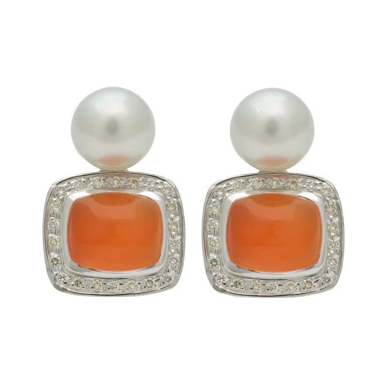 drop earrings for evening wear -Earrings-Cornelian, South Sea Pearl and Diamond  (185AS)