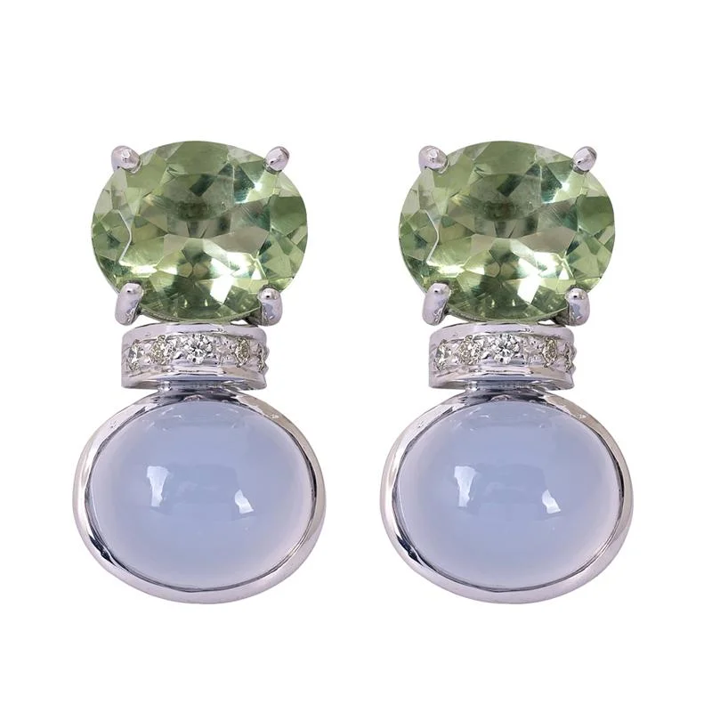 sterling silver drop earrings for women -Earrings- Green Quartz, Chalcedony and Diamond  (263FS)