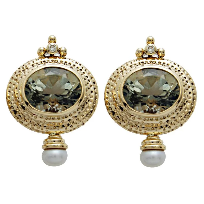 gold dangling earrings for women -Earrings-Green Quartz, Pearl and Diamond  (1644C)