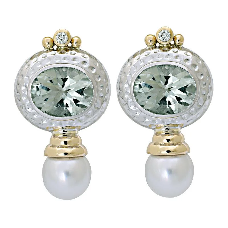 diamond drop earrings for formal events -Earrings-Green Quartz, South Sea Pearl and Diamond  (8AM)