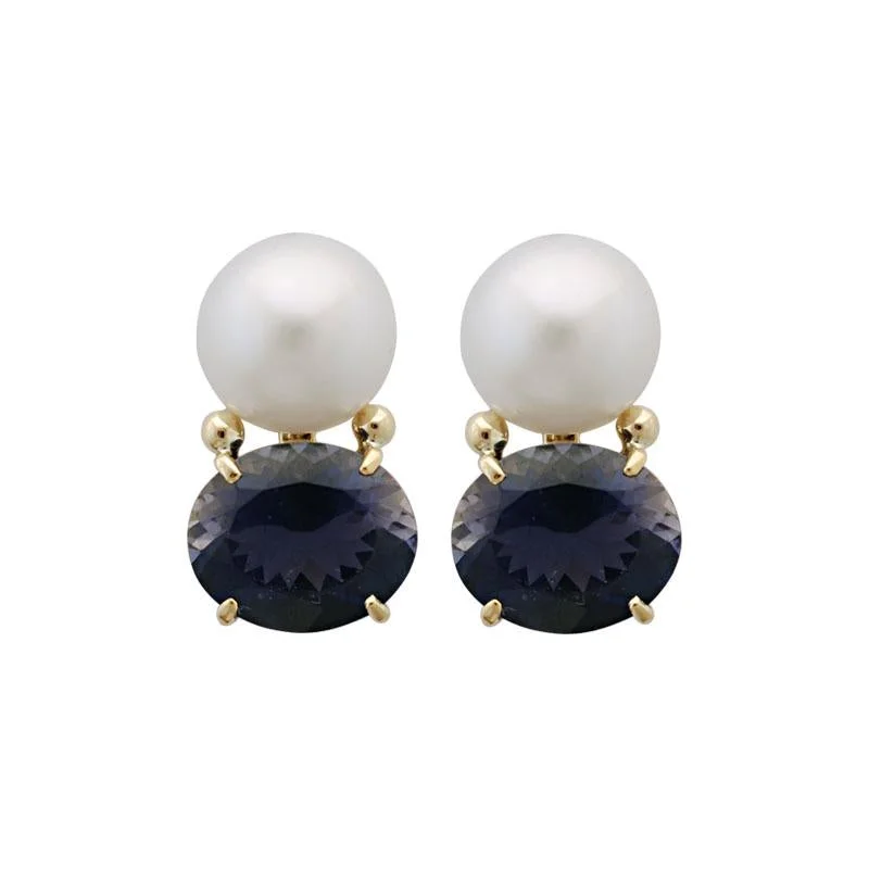 gold teardrop earrings for weddings -Earrings-Iolite and Pearl  (1880N)