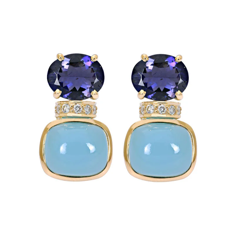 boho style earrings for women -Earrings- Iolite, Chalcedony and Diamond