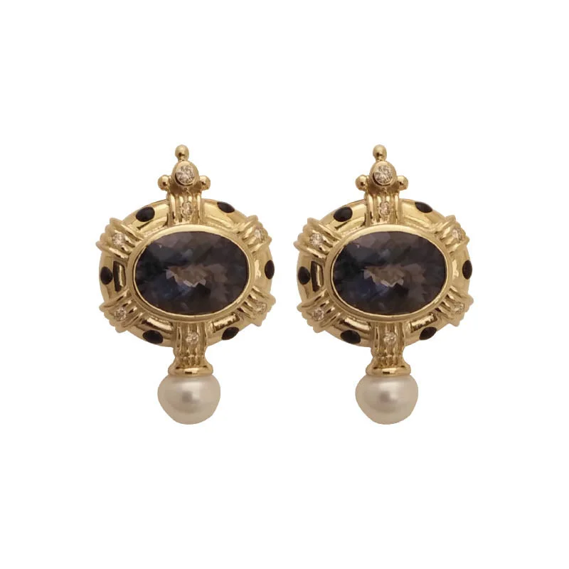 chunky earrings for women -EARRINGS- IOLITE, PEARL AND DIAMOND (ENAMEL)