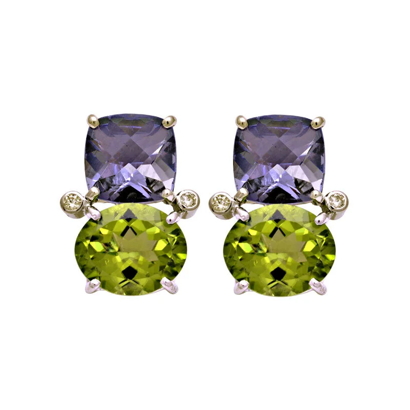 gold dangling earrings for women -Earrings-Iolite, Peridot and Diamond