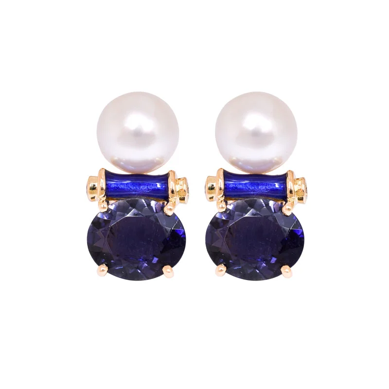 diamond earrings for anniversaries -EARRINGS- IOLITE, S.S. PEARL AND DIAMOND (ENAMEL)