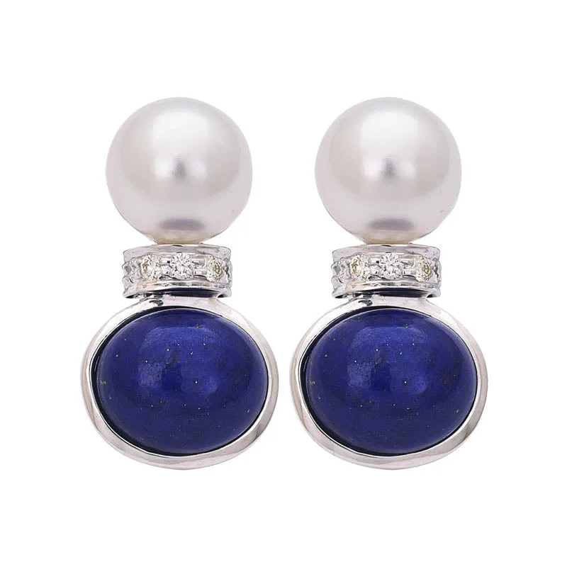 fashion statement earrings for women -EARRINGS- LAPIS LAZULI, S.S. PEARL AND DIAMOND IN STERLING SILVER