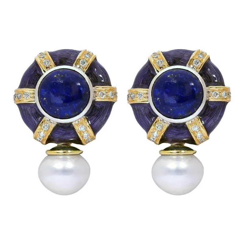 fashion statement earrings for women -Earrings- Lapis Lazuli, Sea South Pearl and Diamond (Enamel)  (40HM)