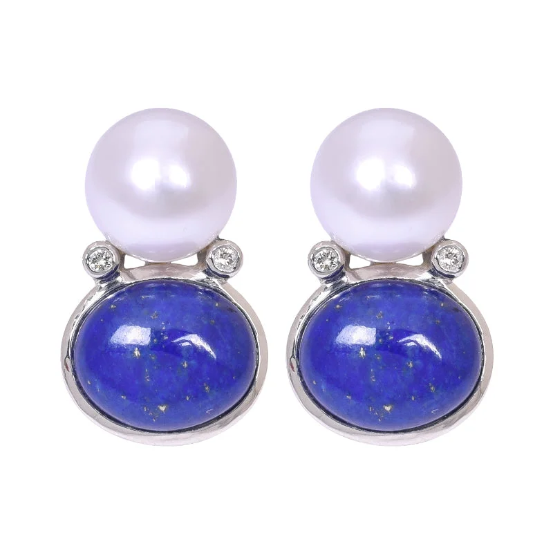 flower-shaped earrings for brides -Earrings- Lapis Lazuli, South Sea Pearl and Diamond