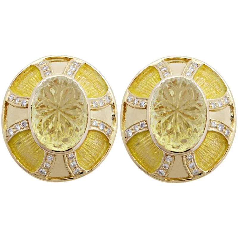 custom engraved earrings for gifts -Earrings-Lemon Quartz and Diamond (Enamel)  (1843I)