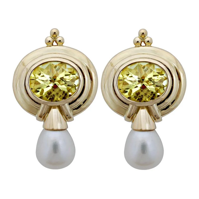 diamond hoop earrings for evening wear -Earrings-Lemon Quartz and Pearl  (1849F)