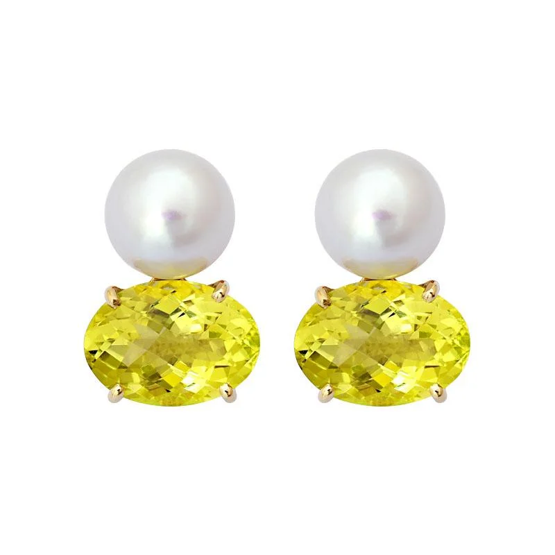 initial earrings for women -Earrings-Lemon Quartz and South Sea Pearl  (2141F)