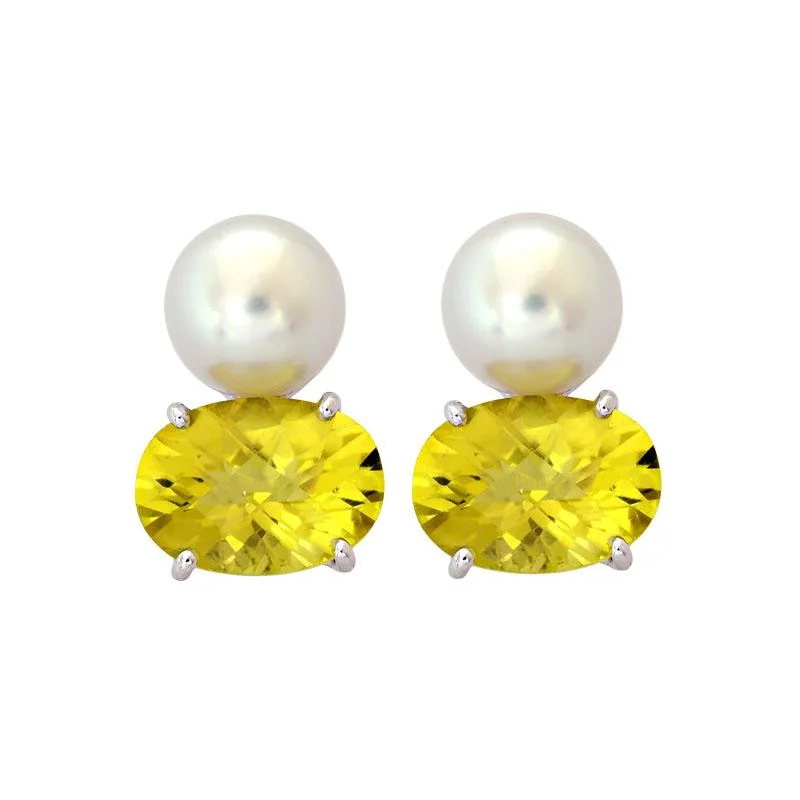 drop earrings for evening wear -Earrings-Lemon Quartz and South Sea Pearl  (213DS)