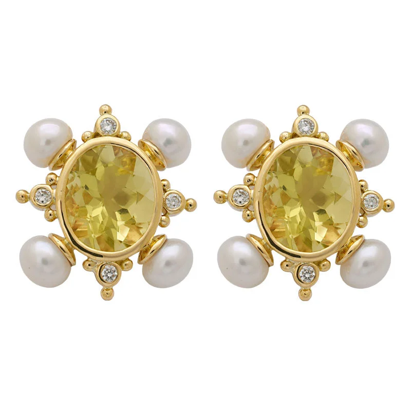 flower-shaped earrings for brides -EARRINGS - LEMON QUARTZ, PEARL AND DIAMOND