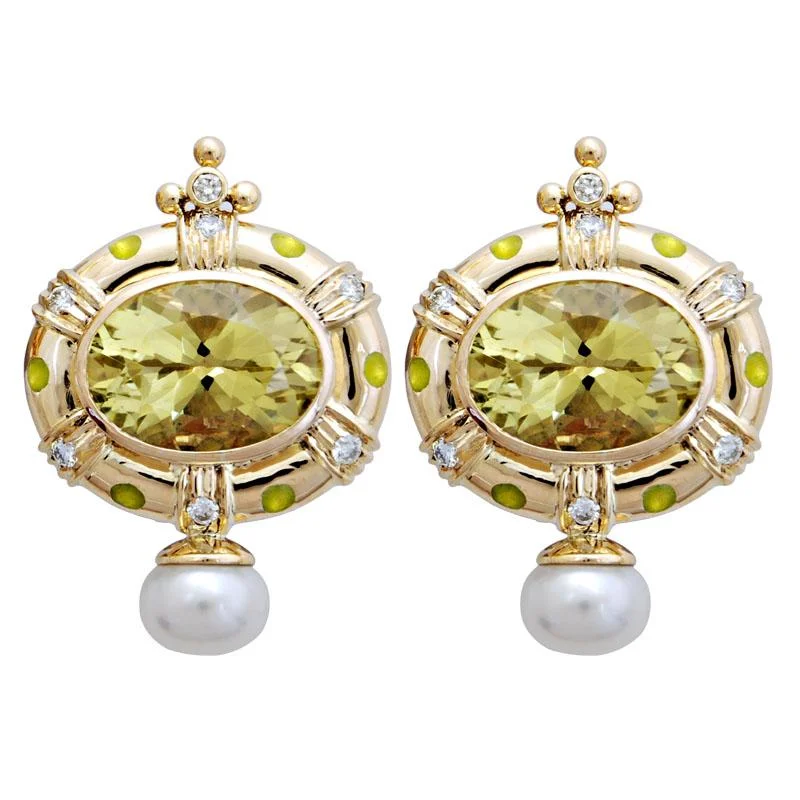 chunky earrings for women -Earrings-Lemon Quartz, Pearl and Diamond (Enamel)  (1776B)