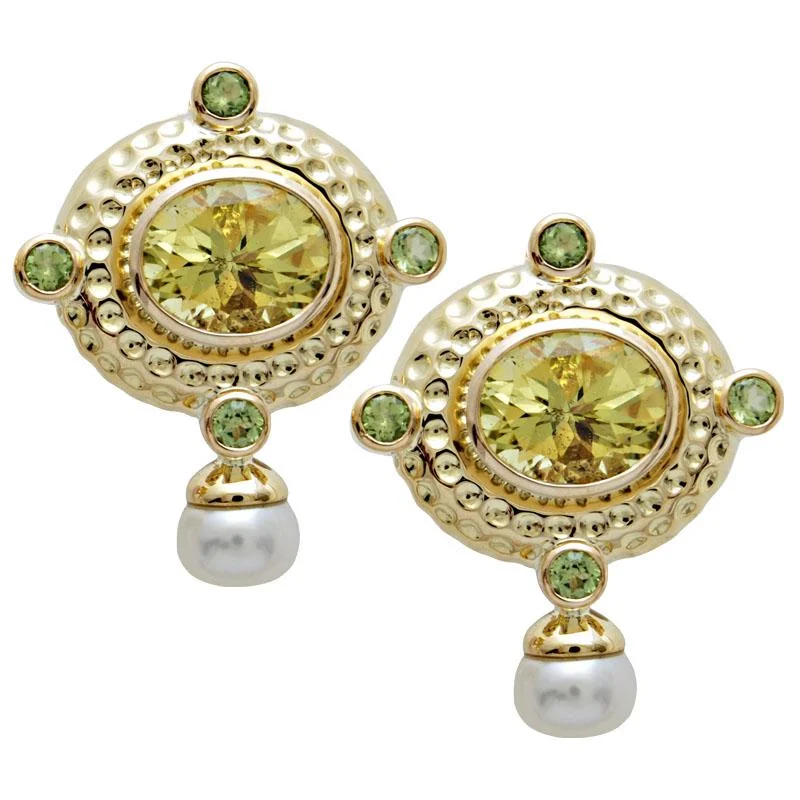 gold plated earrings for weddings -Earrings-Lemon Quartz, Peridot and Pearl  (1647J)