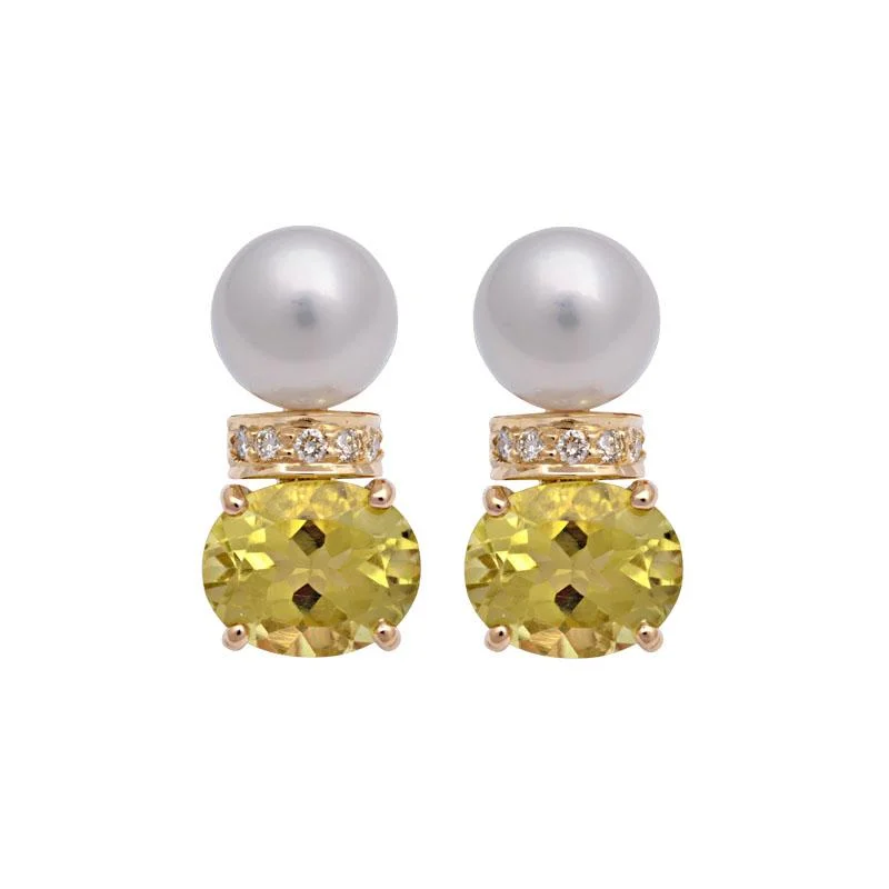 gold earrings for everyday wear -Earrings-Lemon Quartz, South Sea Pearl and Diamond  (2125G)