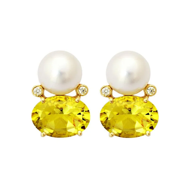 oval earrings for women -Earrings-Lemon Quartz, South Sea Pearl and Diamond  (2141E)