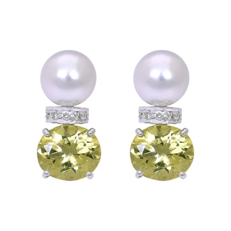 crystal stud earrings for bridesmaids -Earrings- Lemon Quartz, South Sea Pearl and Diamond  (263BS)