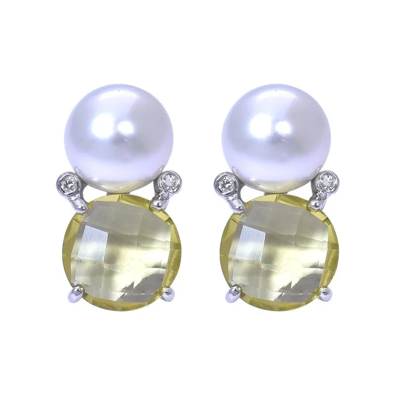 vintage-inspired earrings for brides -Earrings- Lemon Quartz, South Sea Pearl and Diamond  (263AS)