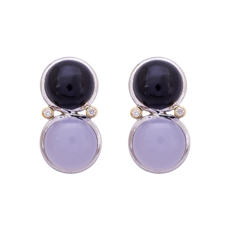 silver earrings for sensitive ears -Earrings- Onyx, Chalcedony and Diamond