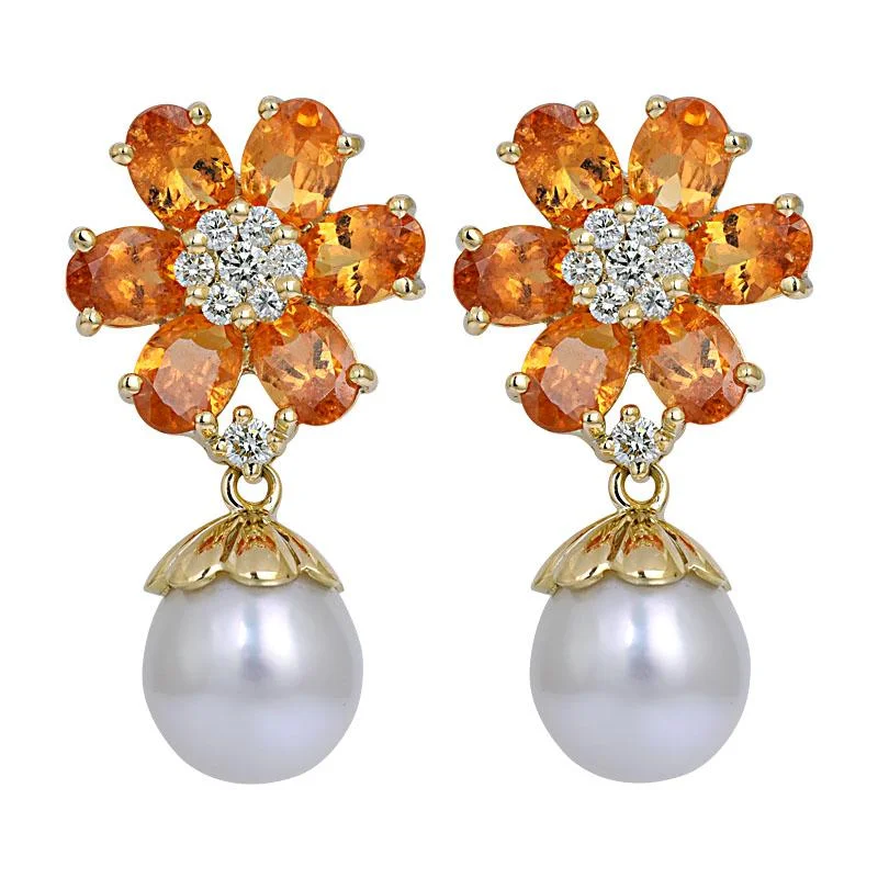 hoop earrings for everyday wear -Earrings- Orange Garnet, South Sea Pearl and Diamond  (2166D)