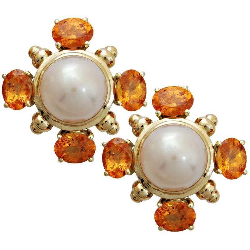 elegant drop earrings for weddings -Earrings-Pearl and Orange Garnet  (1706B)