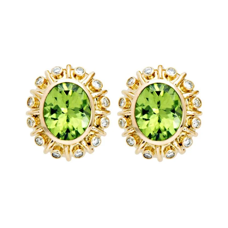 diamond earrings for anniversaries -Earrings-Peridot and Diamond  (1406G)