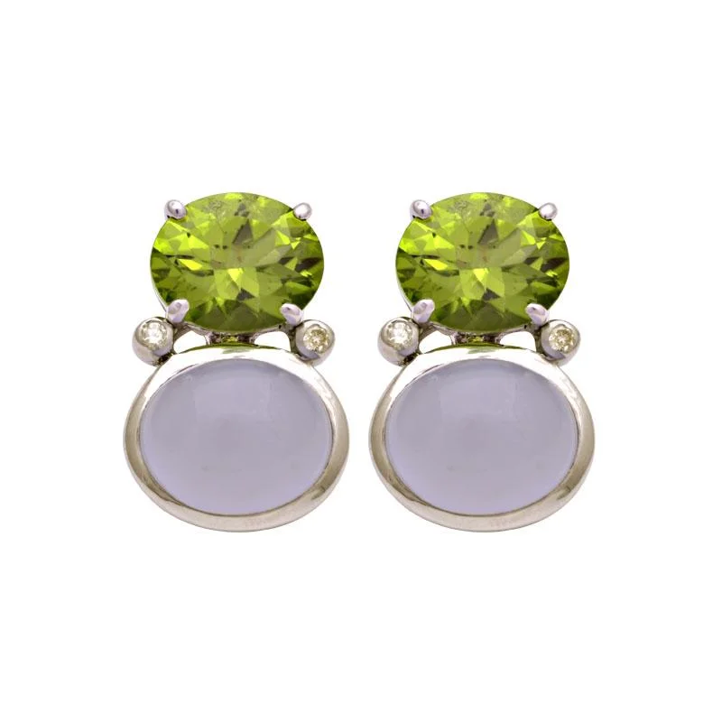 crystal drop earrings for evening wear -Earrings-Peridot, Chalcedony and Diamond  (160ES)