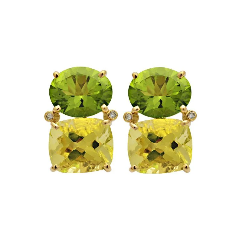 flower-shaped earrings for brides -Earrings-Peridot, Lemon Quartz and Diamond  (2110C)