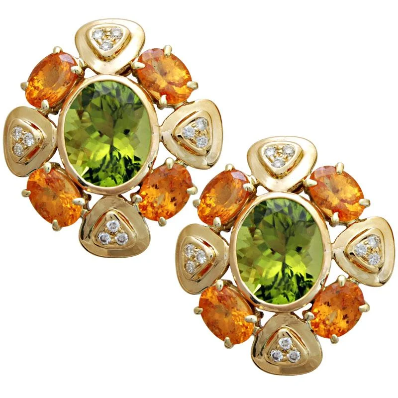 vintage stud earrings for women -Earrings-Peridot, Orange Garnet and Diamond  (1705E)