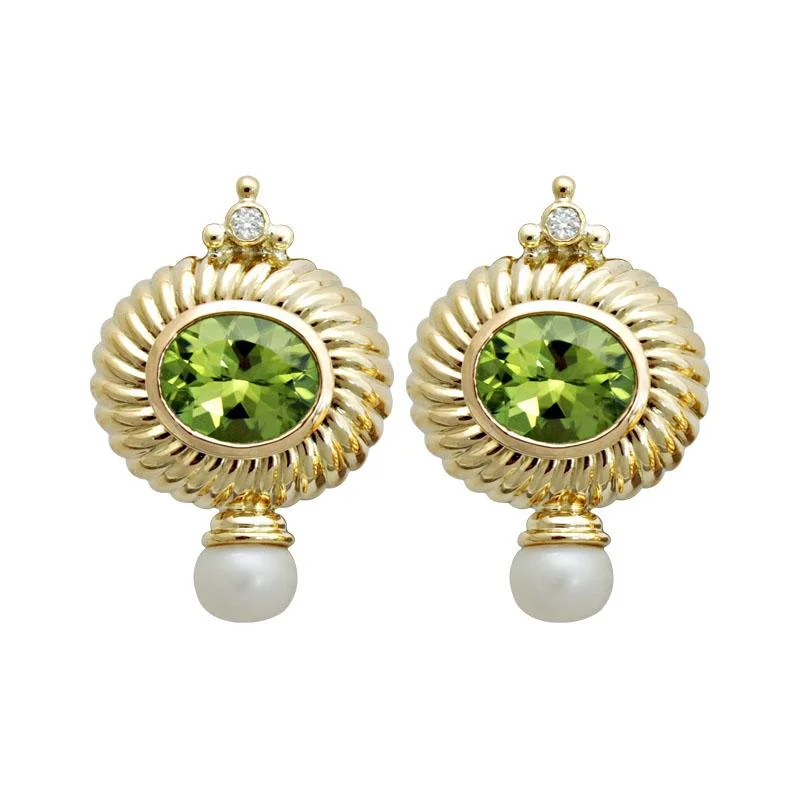 luxury pearl earrings for brides -Earrings-Peridot, Pearl and Diamond  (1713E)