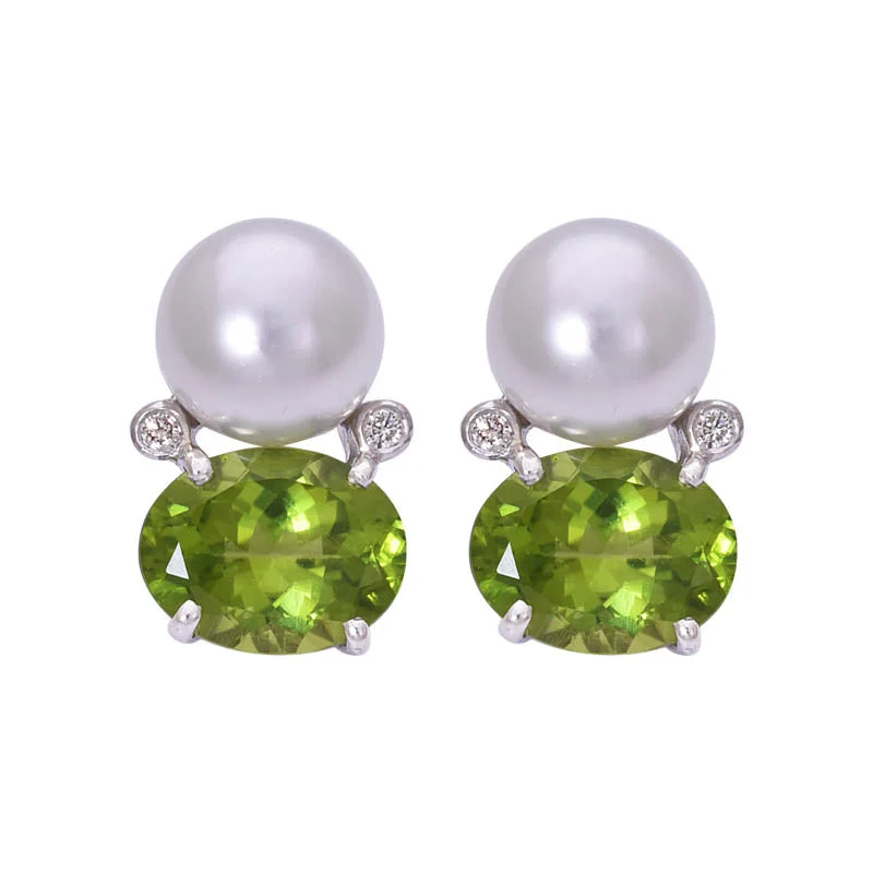 diamond hoop earrings for evening wear -EARRINGS- PERIDOT, S.S. PEARL AND DIAMOND IN STERLING SILVER