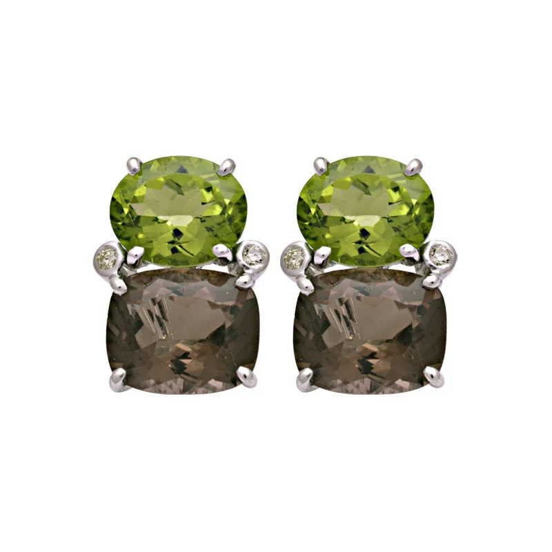 cute heart-shaped earrings for girls -Earrings-Peridot, Smokey Quartz and Diamond