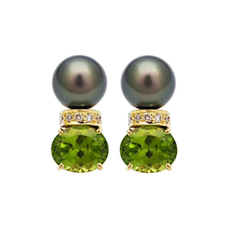 sparkly earrings for evening events -Earrings-Peridot, South Sea Pearl and Diamond  (2106F)