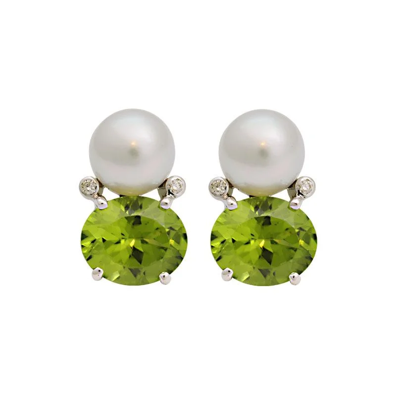 modern earrings for women -Earrings-Peridot, South Sea Pearl and Diamond  (182CS)