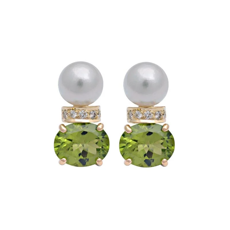 stud earrings with gemstones for women -Earrings-Peridot, South Sea Pearl and Diamond  (2125I)