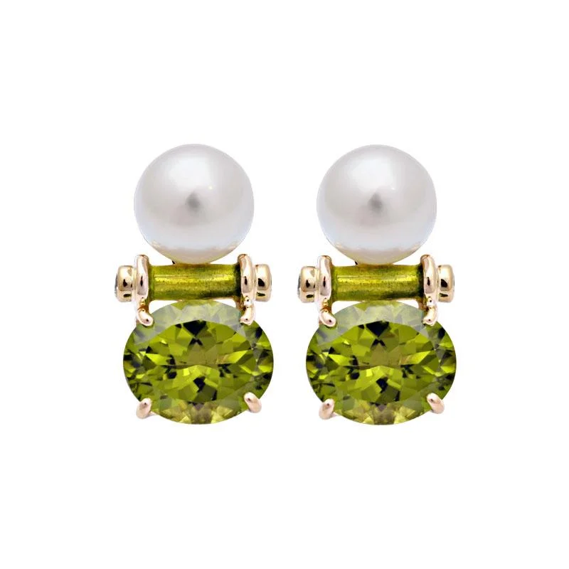 gold earrings for bridesmaids -Earrings-Peridot, South Sea Pearl and Diamond (Enamel)  (2101D)