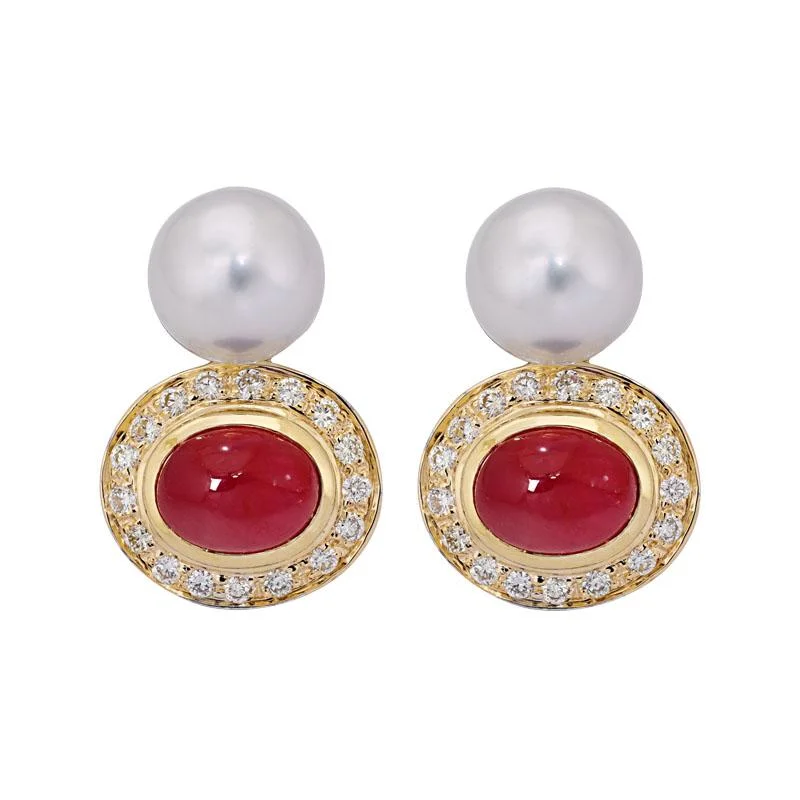 textured earrings for fashion lovers -Earrings- Ruby, South Sea Pearl and Diamond  (18DM)