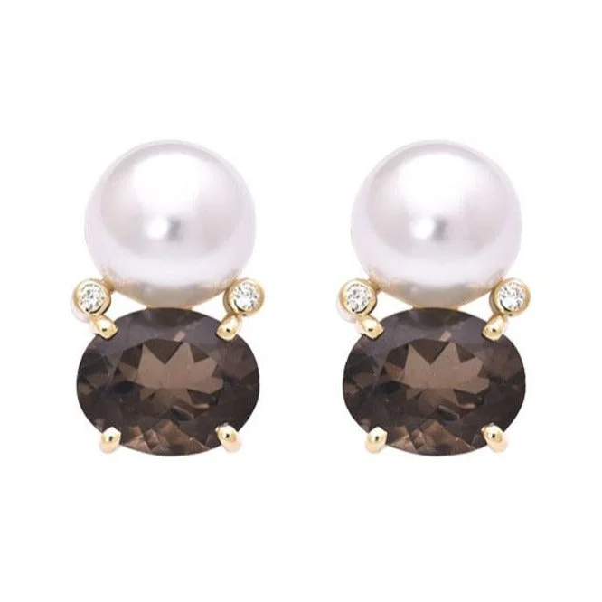 sterling silver earrings for men -Earrings- Smokey Quartz, South Sea Pearl and Diamond  (2189F)